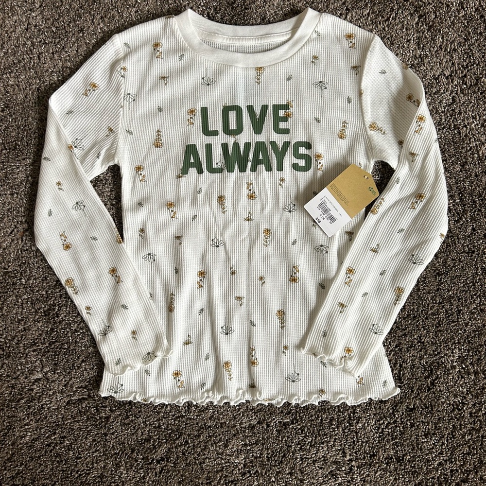 NWT S (7/8) White Long Sleeve Shirt with Green Text “Love Always”